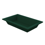 A deep green Aurora Collection Food Pan, crafted from Duracoat coated cast aluminum, with slightly angled sides and a wide flat rim. Shown empty on a white background from a slightly elevated angle, it highlights its depth and clean interior.