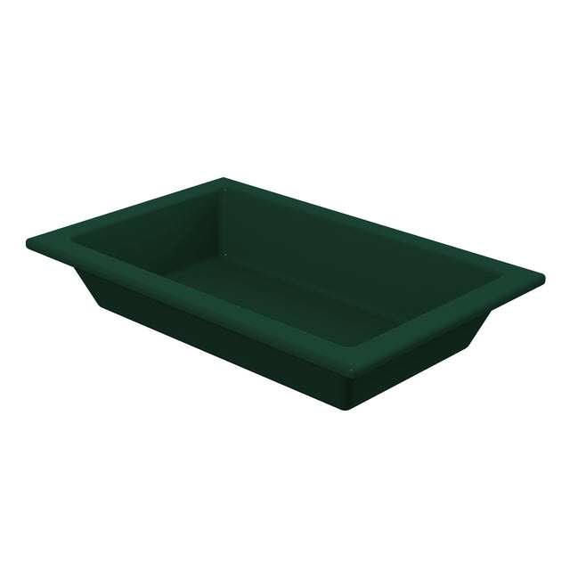 A deep green Aurora Collection Food Pan, crafted from Duracoat coated cast aluminum, with slightly angled sides and a wide flat rim. Shown empty on a white background from a slightly elevated angle, it highlights its depth and clean interior.