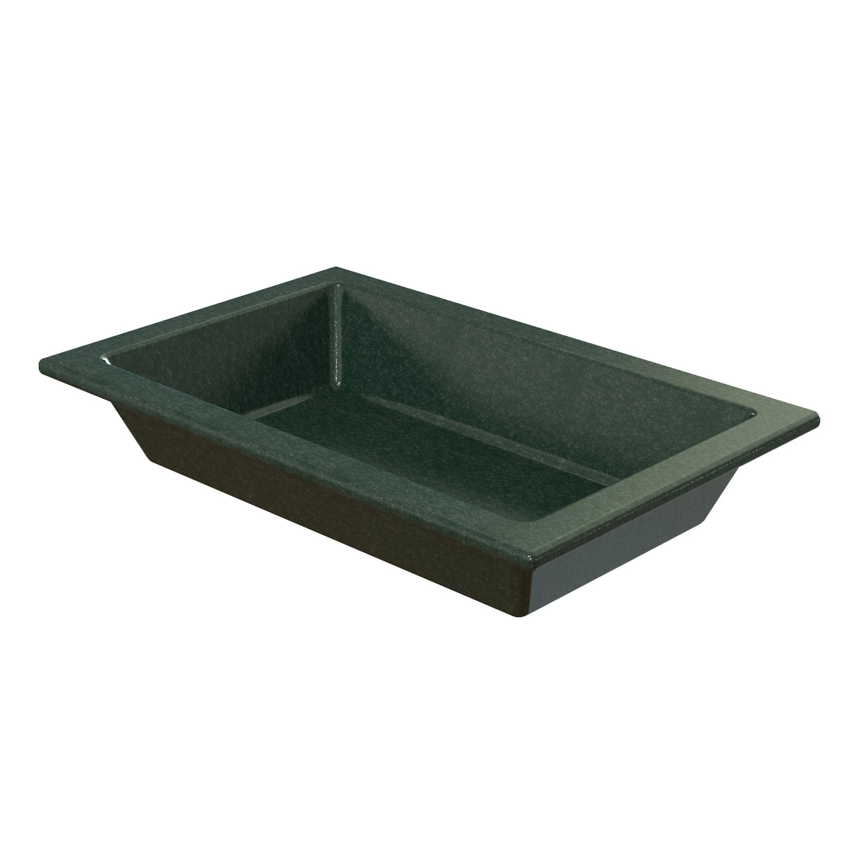 A rectangular, dark green plastic food pan with slightly sloped sides and a wide rim, shown on a white background. Ideal for cold holding, the empty pan has a smooth surface and is commonly used for food storage or serving in commercial kitchens.