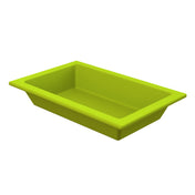 A bright green, rectangular Aurora Collection Food Pan with slightly sloped sides and a flat rim. The tray's simple, modern design and smooth surface stand out against a plain white background, ideal for use as a cold holding food pan.