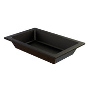 A rectangular, black speckled Duracoat coated cast aluminum baking pan with slanted sides and a flat bottom, viewed from a slight angle. Featuring a wide rim, this Aurora Collection Food Pan is ideal for baking or roasting in the kitchen.