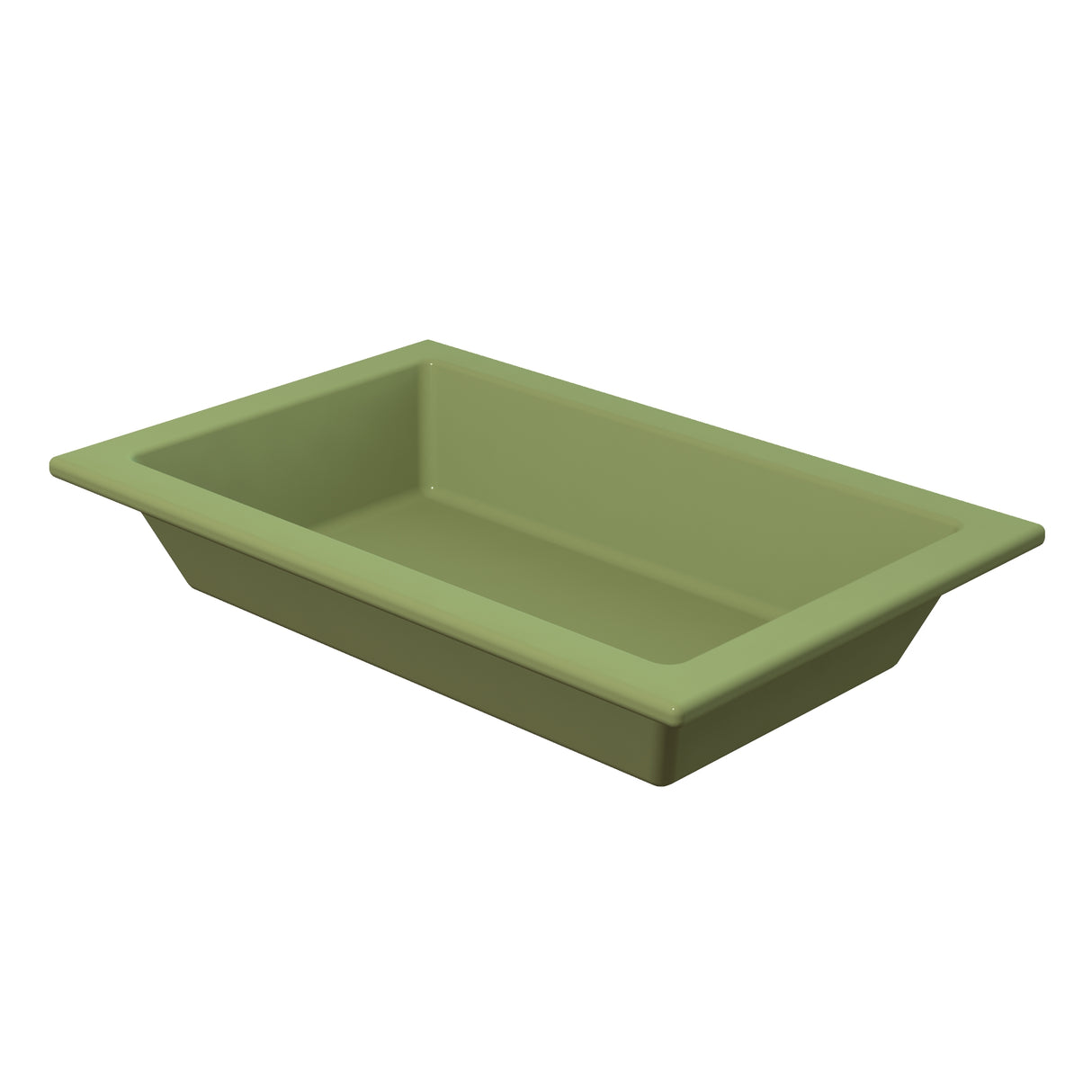 A rectangular, shallow Aurora Collection Food Pan with angled sides and a wide rim, crafted from Duracoat coated cast aluminum in olive green, is set against a white background.