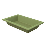 A rectangular, shallow Aurora Collection Food Pan with angled sides and a wide rim, crafted from Duracoat coated cast aluminum in olive green, is set against a white background.