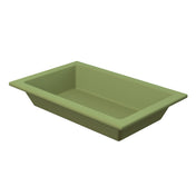 A rectangular, shallow Aurora Collection Food Pan with angled sides and a wide rim, crafted from Duracoat coated cast aluminum in olive green, is set against a white background.