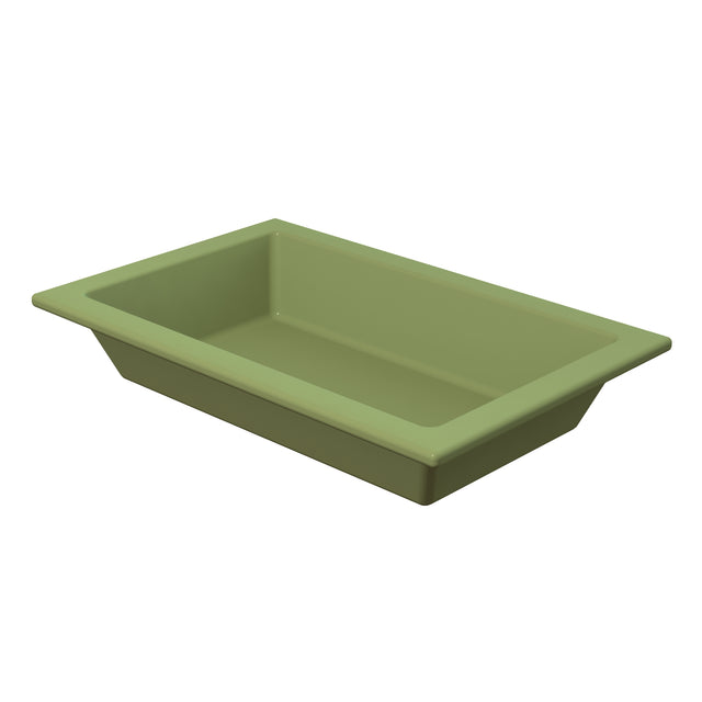 A rectangular, shallow Aurora Collection Food Pan with angled sides and a wide rim, crafted from Duracoat coated cast aluminum in olive green, is set against a white background.