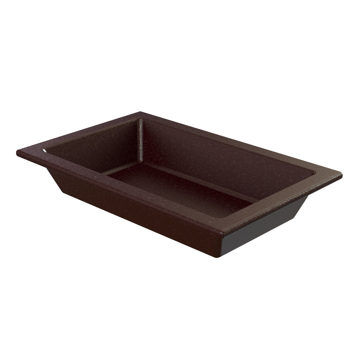 A rectangular, deep brown tray from the Aurora Collection Food Pan line, crafted from Duracoat coated cast aluminum. It features slightly sloped sides, clean lines, and a modern design, sitting empty on a white background.