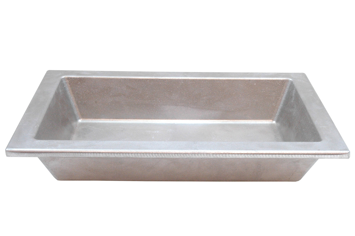 A rectangular, deep cast aluminum food pan with slightly sloped sides and a wide, flat rim. The matte-finished tray, ideal for cold holding food, is viewed from an angle above its opening.