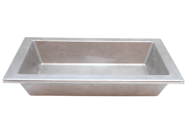 A rectangular, deep cast aluminum food pan with slightly sloped sides and a wide, flat rim. The matte-finished tray, ideal for cold holding food, is viewed from an angle above its opening.