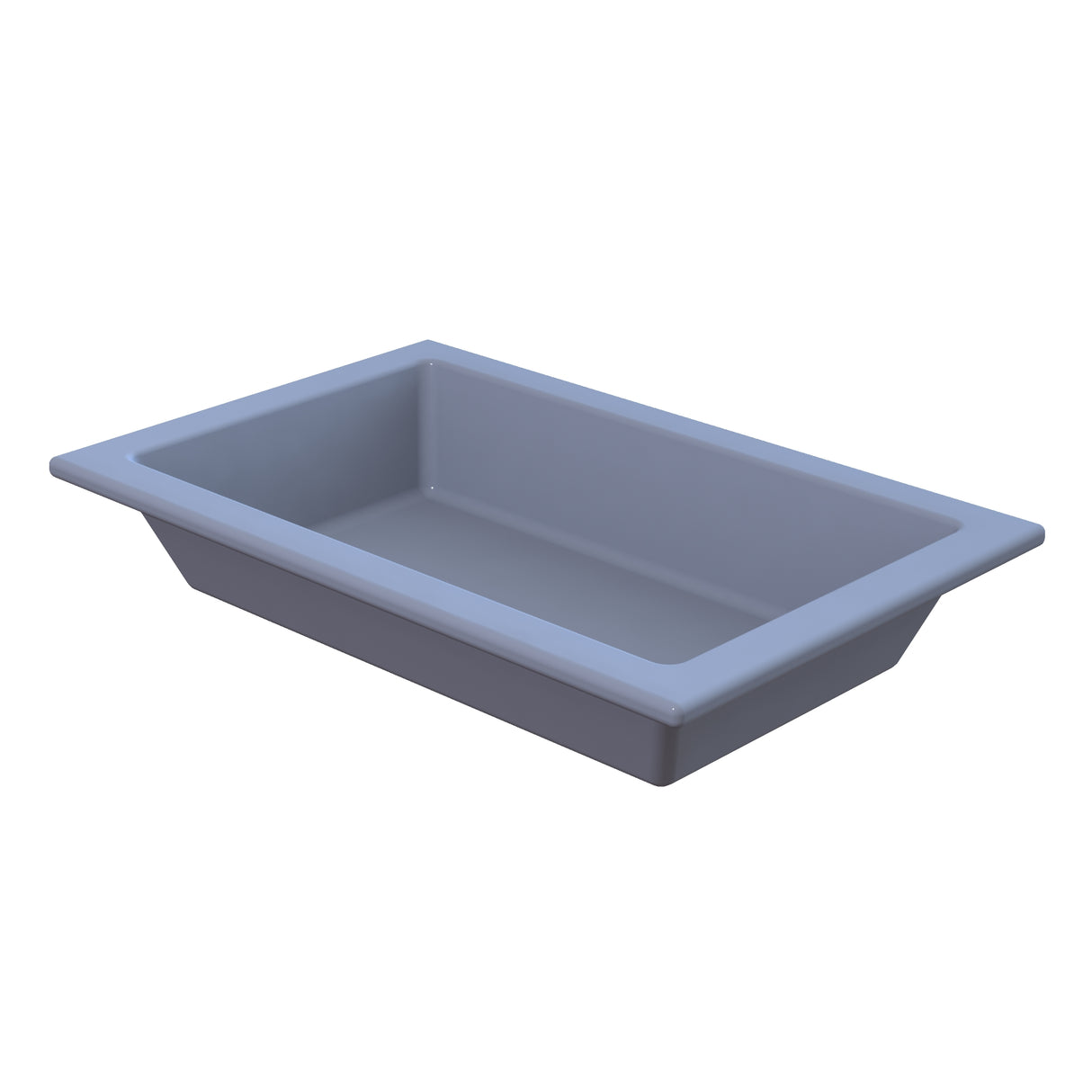 A rectangular, shallow, light blue plastic tray with smooth sides and a wide rim, shown on a white background. Dishwasher safe and easy to clean, this tray has rounded corners and a glossy finish, suitable for holding or serving items.