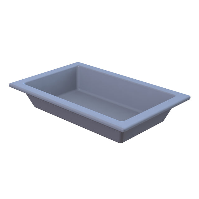 A rectangular, shallow, light blue plastic tray with smooth sides and a wide rim, shown on a white background. Dishwasher safe and easy to clean, this tray has rounded corners and a glossy finish, suitable for holding or serving items.