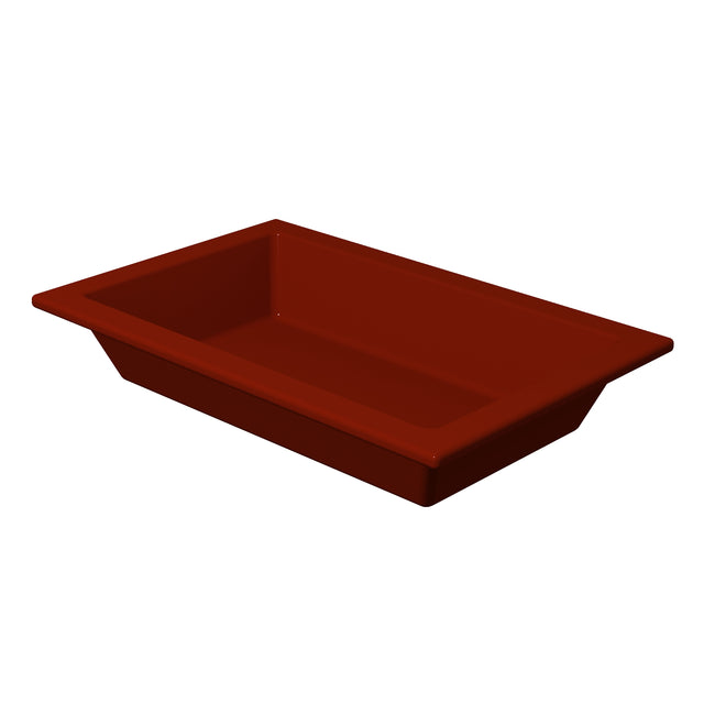 A rectangular, deep, dark red Aurora Collection Food Pan with sloped sides and a wide rim, made from Duracoat coated cast aluminum. This glossy cold holding food pan is perfect for serving or displaying items against a plain white background.