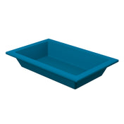 A rectangular, deep blue plastic food pan tray with slightly slanted sides and a wide, flat rim, shown on a white background. Designed for cold holding, the tray appears clean and empty.