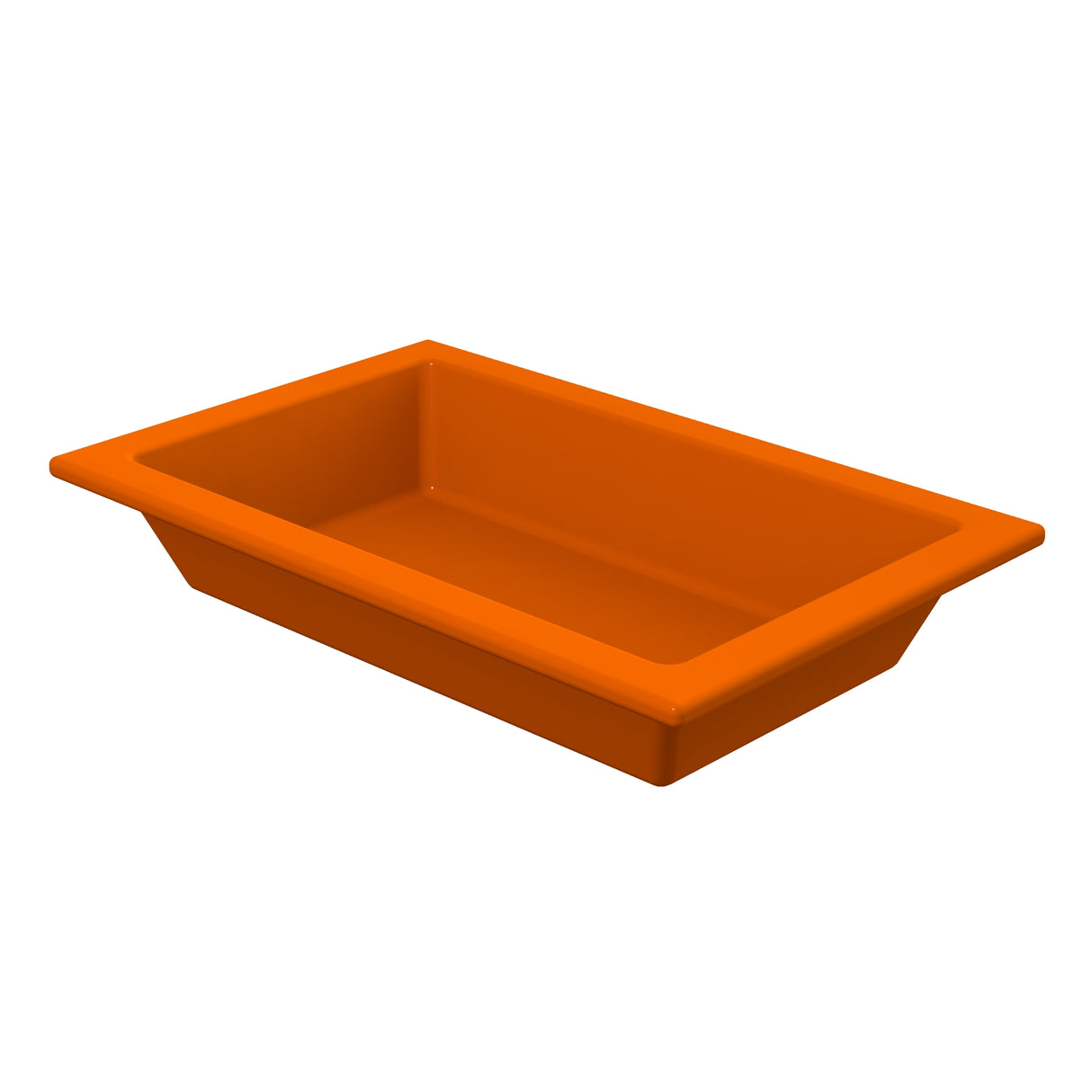 A rectangular, bright orange Aurora Collection Food Pan with slightly slanted sides and a wide rim, set against a white background. The tray has a smooth surface and is empty.