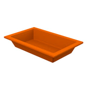 A rectangular, bright orange Aurora Collection Food Pan with slightly slanted sides and a wide rim, set against a white background. The tray has a smooth surface and is empty.