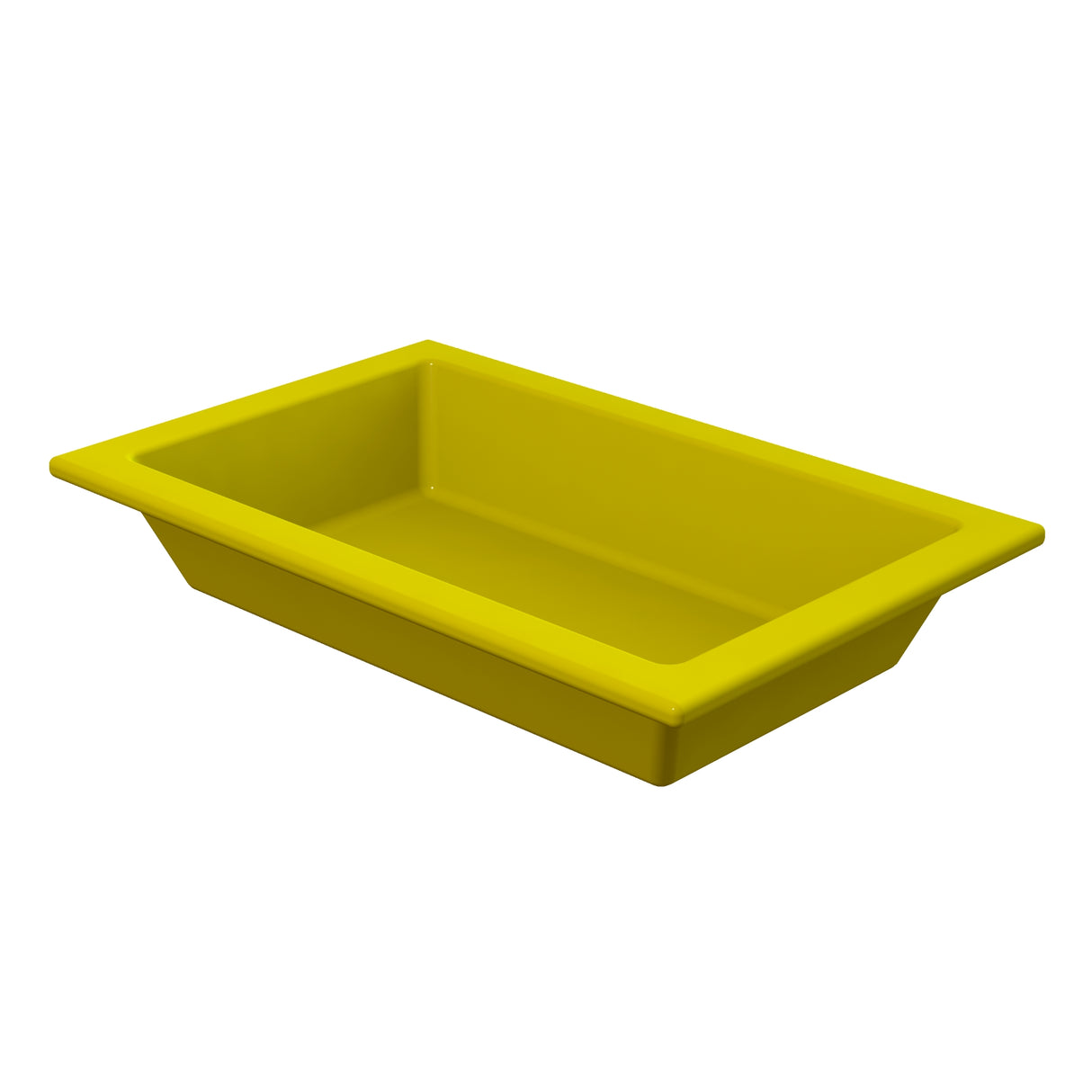 A rectangular, shallow, yellow plastic tray with raised edges and a glossy surface, reminiscent of a cold holding food pan, viewed at an angle against a plain white background. The interior is smooth and unadorned, suitable for holding or serving items.