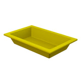 A rectangular, shallow, yellow plastic tray with raised edges and a glossy surface, reminiscent of a cold holding food pan, viewed at an angle against a plain white background. The interior is smooth and unadorned, suitable for holding or serving items.