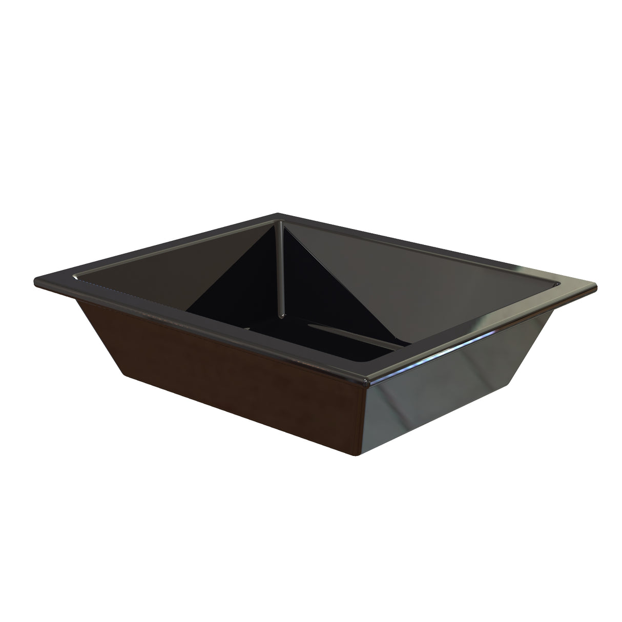 A glossy black, rectangular Aurora Collection Food Pan with slightly slanted sides and a smooth rim is shown on a white background. The tray has a modern, reflective surface, appearing empty and clean.