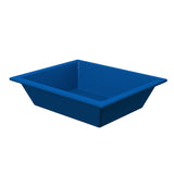 A rectangular, deep blue Aurora Collection Food Pan with slanted sides and a flat bottom is shown on a plain white background. The tray features slightly outward-angled walls and an extended rim around the top edge, ideal as a cold holding food pan.