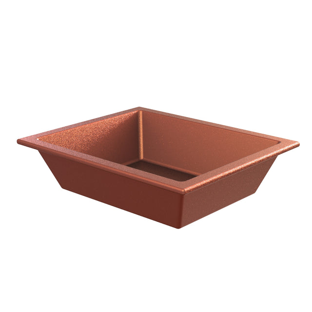 A rectangular, deep baking pan from the Aurora Collection Food Pan line features flared sides and a copper-colored Duracoat coated cast aluminum nonstick surface. The pan is set on a white background, viewed at an angle to show the interior and rim.