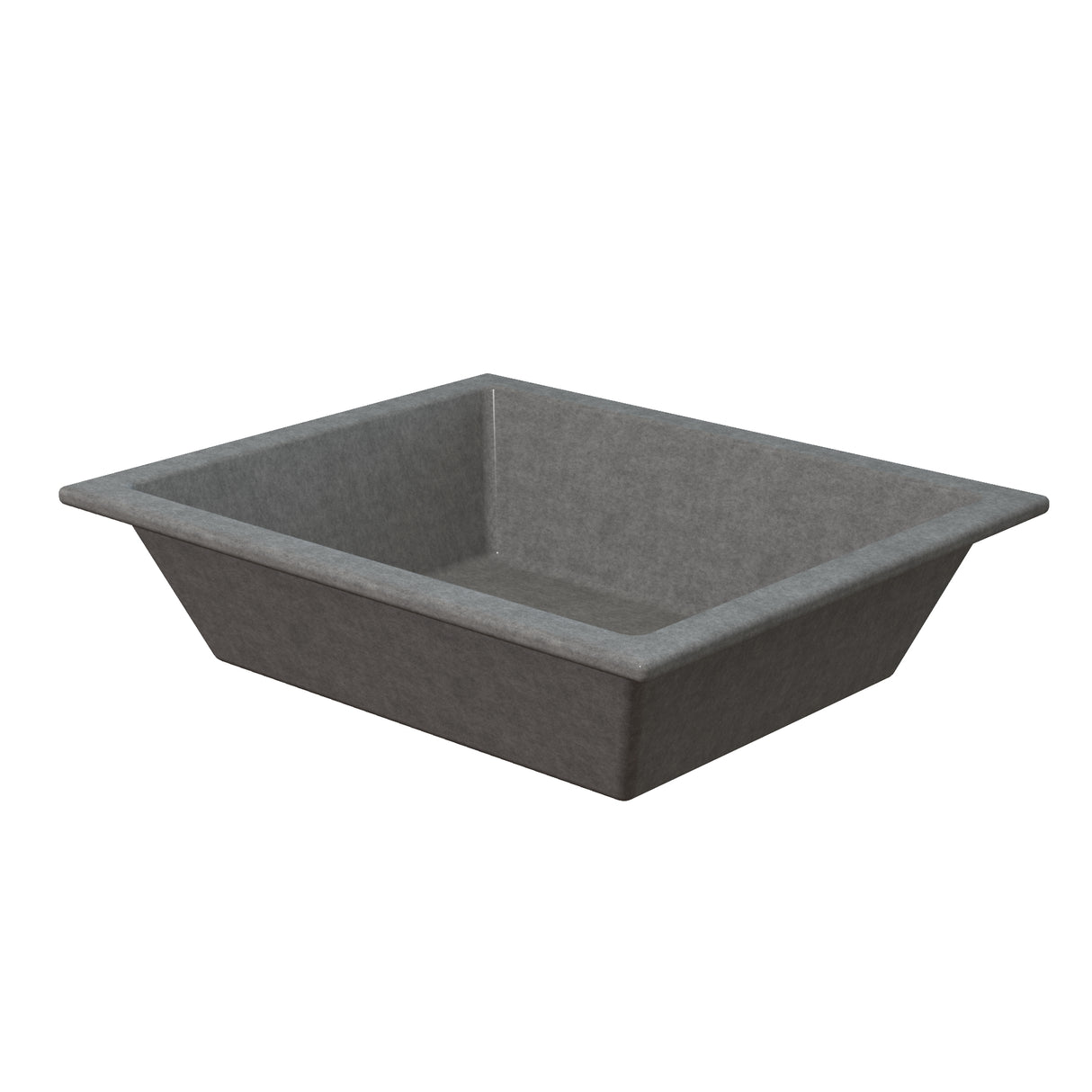 A rectangular, gray, concrete planter with sloped sides and a wide rim, photographed on a white background. The smooth surface and minimalist, modern design are reminiscent of the Aurora Collection Food Pan’s sleek style.