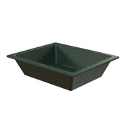 A rectangular, deep green basin with slightly sloped sides and a wide rim, crafted from Duracoat coated cast aluminum. Its matte, textured finish and industrial look echo the Aurora Collection Food Pan's utilitarian design.