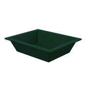 A deep green, rectangular Aurora Collection Food Pan with wide, outward-sloping sides and a flat base is shown on a white background. The tray appears empty and is viewed at an angle, highlighting its depth and tapered shape.