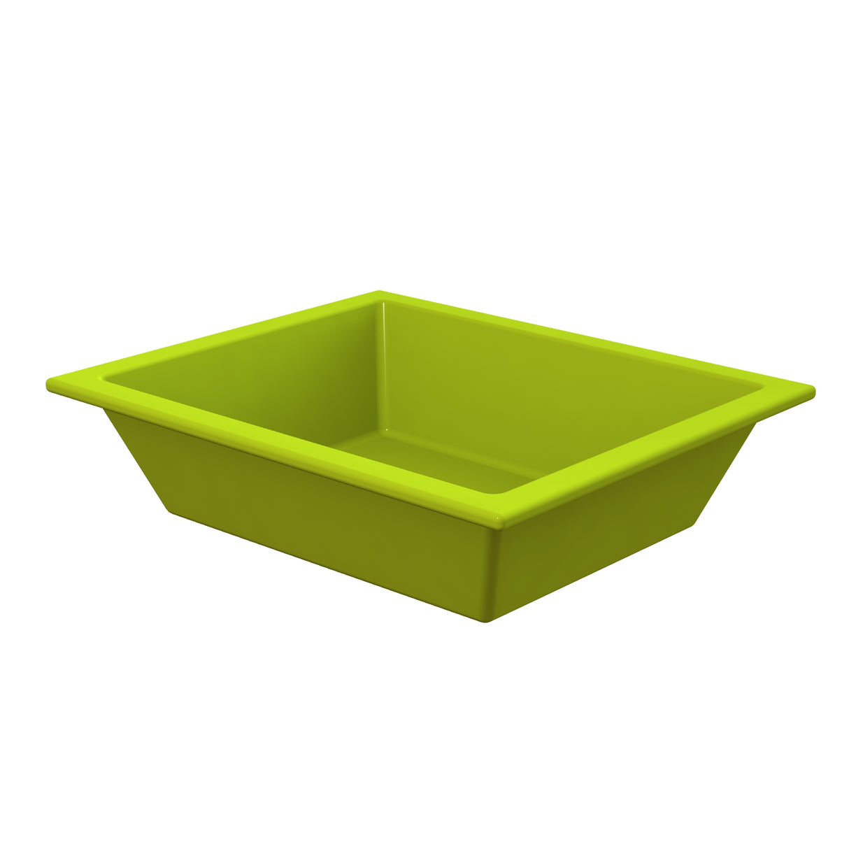 A rectangular, lime green Aurora Collection Food Pan with slightly flared sides and a wide rim. The smooth, glossy bin is empty and shown at an angle against a white background—ideal as a cold holding food pan for kitchen or buffet use.