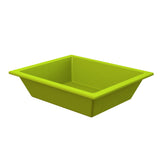 A rectangular, lime green Aurora Collection Food Pan with slightly flared sides and a wide rim. The smooth, glossy bin is empty and shown at an angle against a white background—ideal as a cold holding food pan for kitchen or buffet use.
