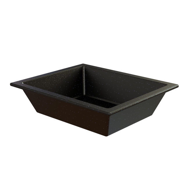 Rectangular, black, speckled Aurora Collection Food Pan with slightly flared sides and a flat rim, made from Duracoat coated cast aluminum, viewed at an angle to show depth and shape against a white background.