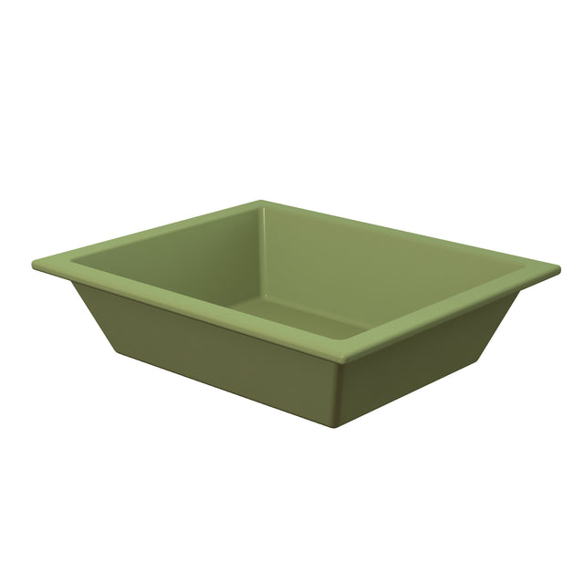 A rectangular, light olive green Aurora Collection Food Pan with slanted sides and a flat bottom, shown against a white background. The tray has a wide rim and smooth surfaces, giving it a simple and modern appearance.