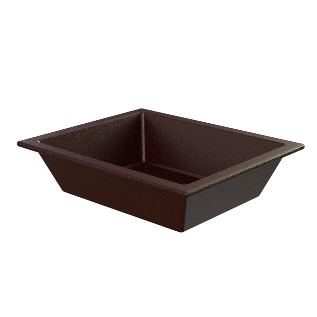 A rectangular, deep brown tray with slightly slanted sides and a flat rim. Part of the Aurora Collection Food Pan line, this tray appears to be made of Duracoat coated cast aluminum and sits empty against a white background.