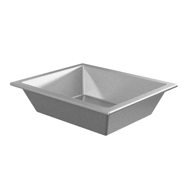 A rectangular, metallic cast aluminum food pan with slanted sides, a flat base, and a slight lip at the edges. The smooth, reflective silver finish stands out against the plain white background. The cold holding food pan appears empty.