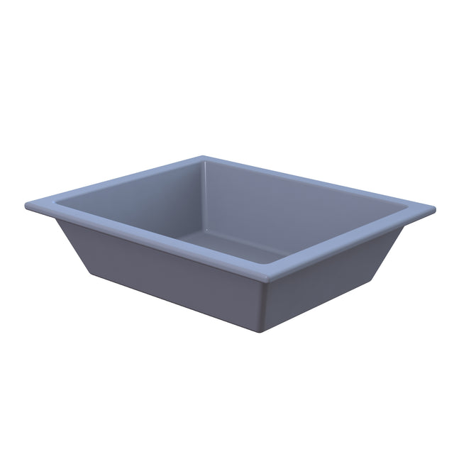 A rectangular gray plastic cold holding food pan with straight sides and a wide rim, shown against a white background. The tub appears empty and is viewed at an angle, highlighting its depth and simple, utilitarian design.