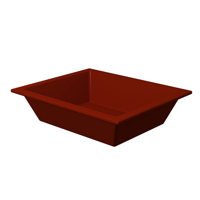 A deep, square-shaped maroon Aurora Collection Food Pan with wide, flat rims and sloping sides, perfect for cold holding food, is shown on a white background.