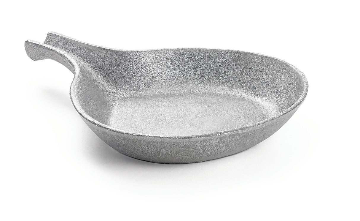 A small, round, shallow aluminum skillet with a textured surface and a short, curved handle, photographed on a white background. This temperature resistant pan is ideal for versatile cooking tasks.
