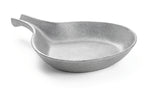 A small, round, shallow aluminum skillet with a textured surface and a short, curved handle, photographed on a white background. This temperature resistant pan is ideal for versatile cooking tasks.