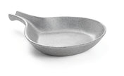 A small, round, shallow aluminum skillet with a textured surface and a short, curved handle, photographed on a white background. This temperature resistant pan is ideal for versatile cooking tasks.