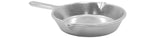 A small, round, silver-colored cast aluminum fry pan with a short handle is shown on a white background. The pan has a spout on each side for pouring and a smooth, matte finish, indicating it is likely new or unused.