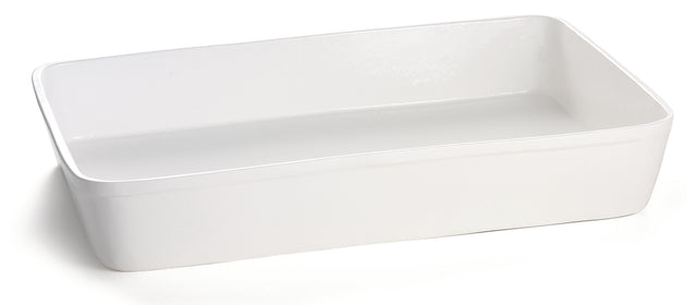 An extra large, white, rectangular casserole dish with smooth sides and slightly rounded corners. Photographed on a white background, its glossy ceramic surface and clean, minimalist design are beautifully highlighted.