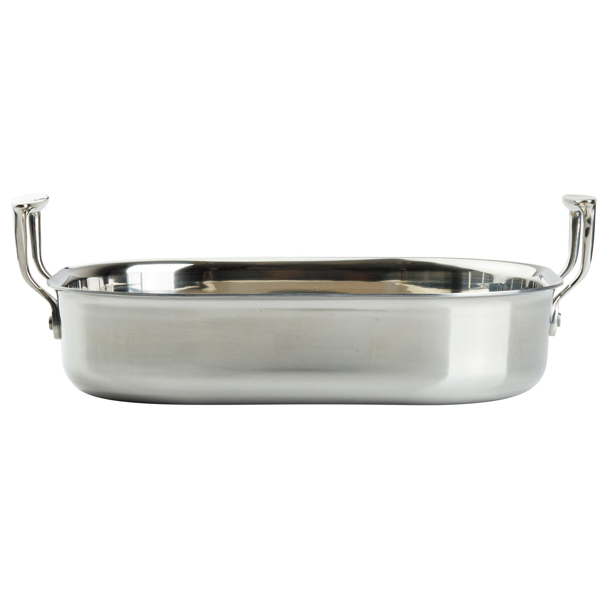 Rectangular tri-ply stainless steel roasting pan with two large, upright handles on either end. The pan has a shiny, reflective finish and smooth sides, and is induction oven safe. Photographed on a white background.