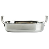 Rectangular tri-ply stainless steel roasting pan with two large, upright handles on either end. The pan has a shiny, reflective finish and smooth sides, and is induction oven safe. Photographed on a white background.