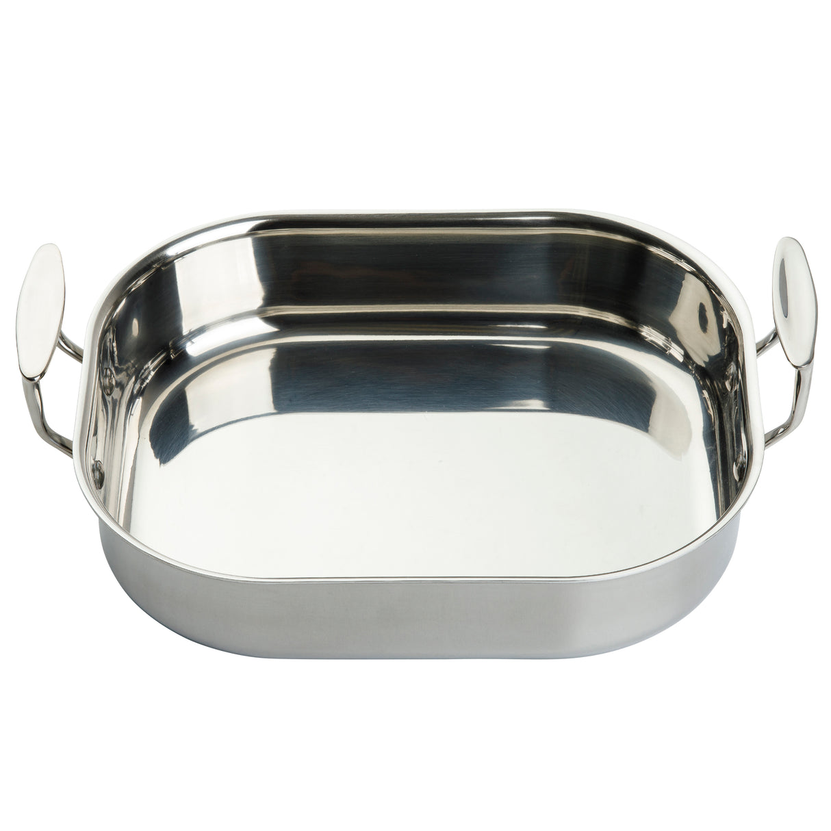 A shiny, rectangular tri-ply stainless steel roasting pan with rounded corners and two large, oval handles. Its reflective surface shows light and shadows, and it appears empty, clean, and induction oven safe.
