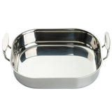 A shiny, rectangular tri-ply stainless steel roasting pan with rounded corners and two large, oval handles. Its reflective surface shows light and shadows, and it appears empty, clean, and induction oven safe.
