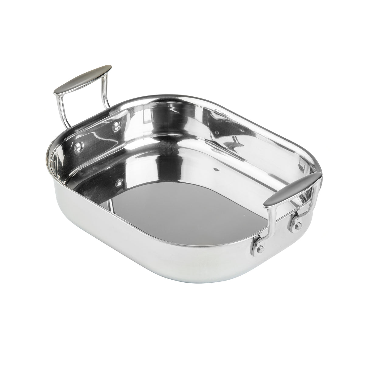 A shiny, rectangular tri-ply Roasting Pan with rounded corners and two sturdy metal handles on opposite sides. The induction safe pan features a reflective stainless steel surface and is shown on a plain white background.