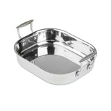 A shiny, rectangular tri-ply Roasting Pan with rounded corners and two sturdy metal handles on opposite sides. The induction safe pan features a reflective stainless steel surface and is shown on a plain white background.