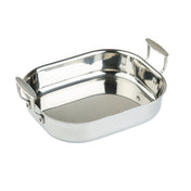 A shiny, rectangular tri-ply stainless steel roasting pan with two wide, sturdy handles on opposite ends. Its flat base and gently rounded corners are highly reflective. Induction oven safe. The background is plain white.