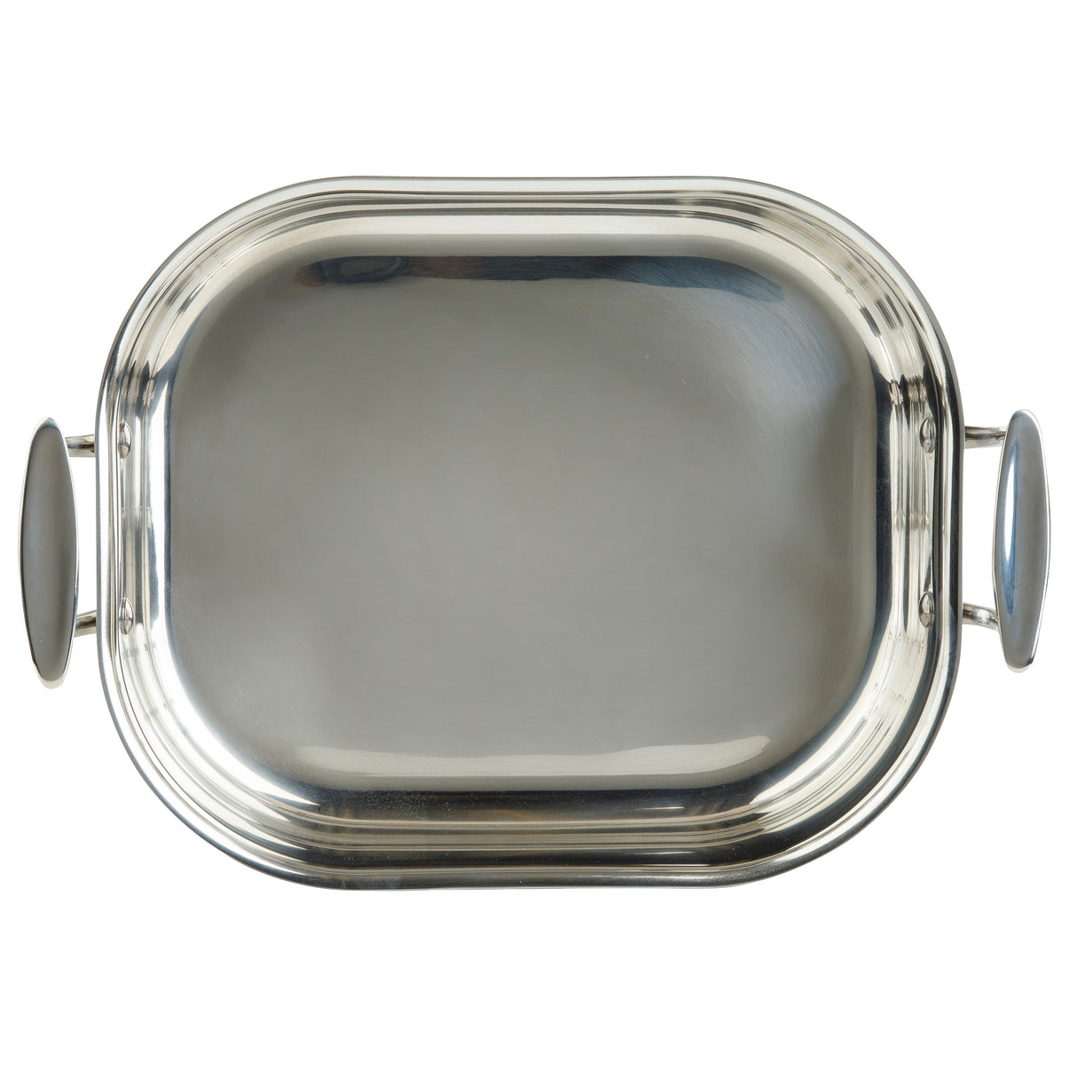 A shiny, oval-shaped silver roasting pan tray with a smooth reflective surface and two rounded handles. Featuring a slightly raised rim and simple, elegant design, this tri-ply piece is both stylish and practical against the plain white background.