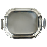 A shiny, oval-shaped silver roasting pan tray with a smooth reflective surface and two rounded handles. Featuring a slightly raised rim and simple, elegant design, this tri-ply piece is both stylish and practical against the plain white background.