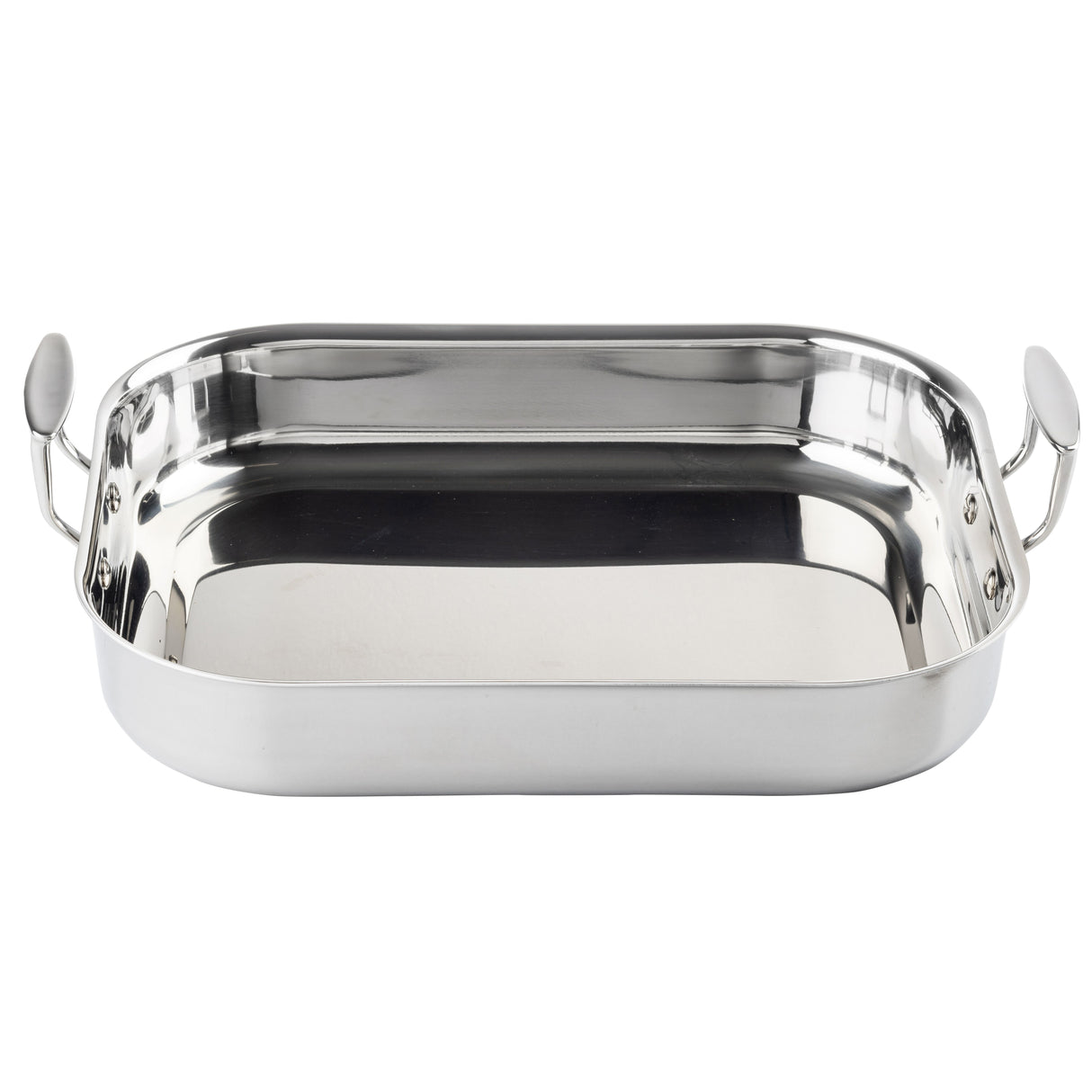 A shiny, tri-ply stainless steel roasting pan with rounded corners and two sturdy handles on opposite sides, photographed on a white background. The reflective surface highlights its clean and unused appearance.