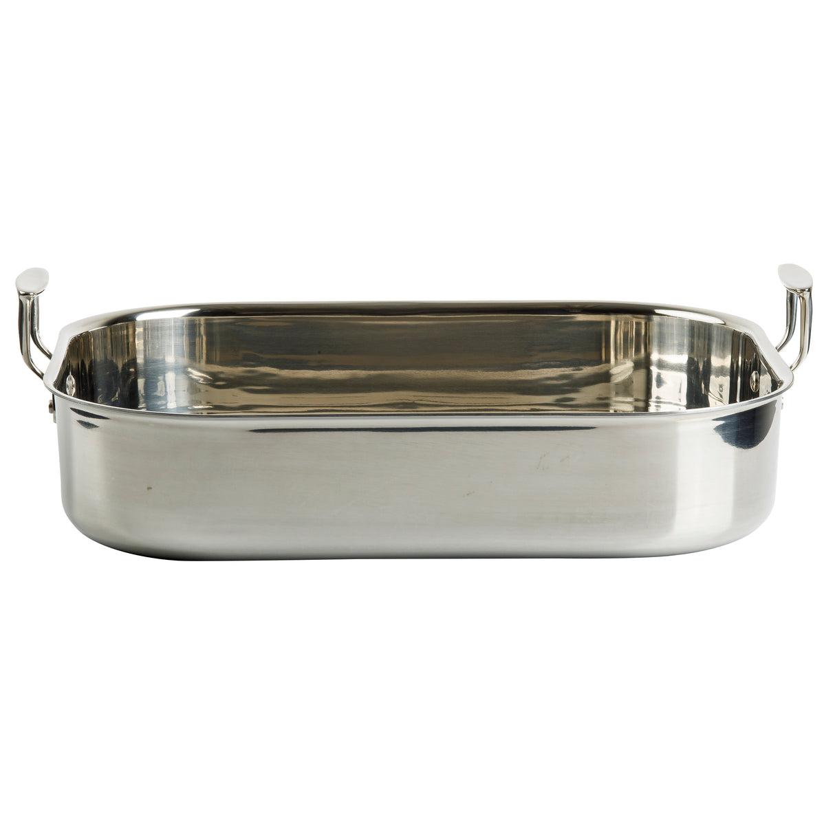 A rectangular tri-ply stainless steel roasting pan with rounded corners and two upright handles on either side. The pan features a shiny, reflective surface and is empty, set against a plain white background.